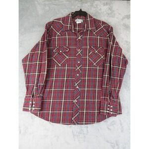 Wrangler Wrancher Western Pearl Snap Shirt XL Burgundy Tartan Plaid Long Sleeve